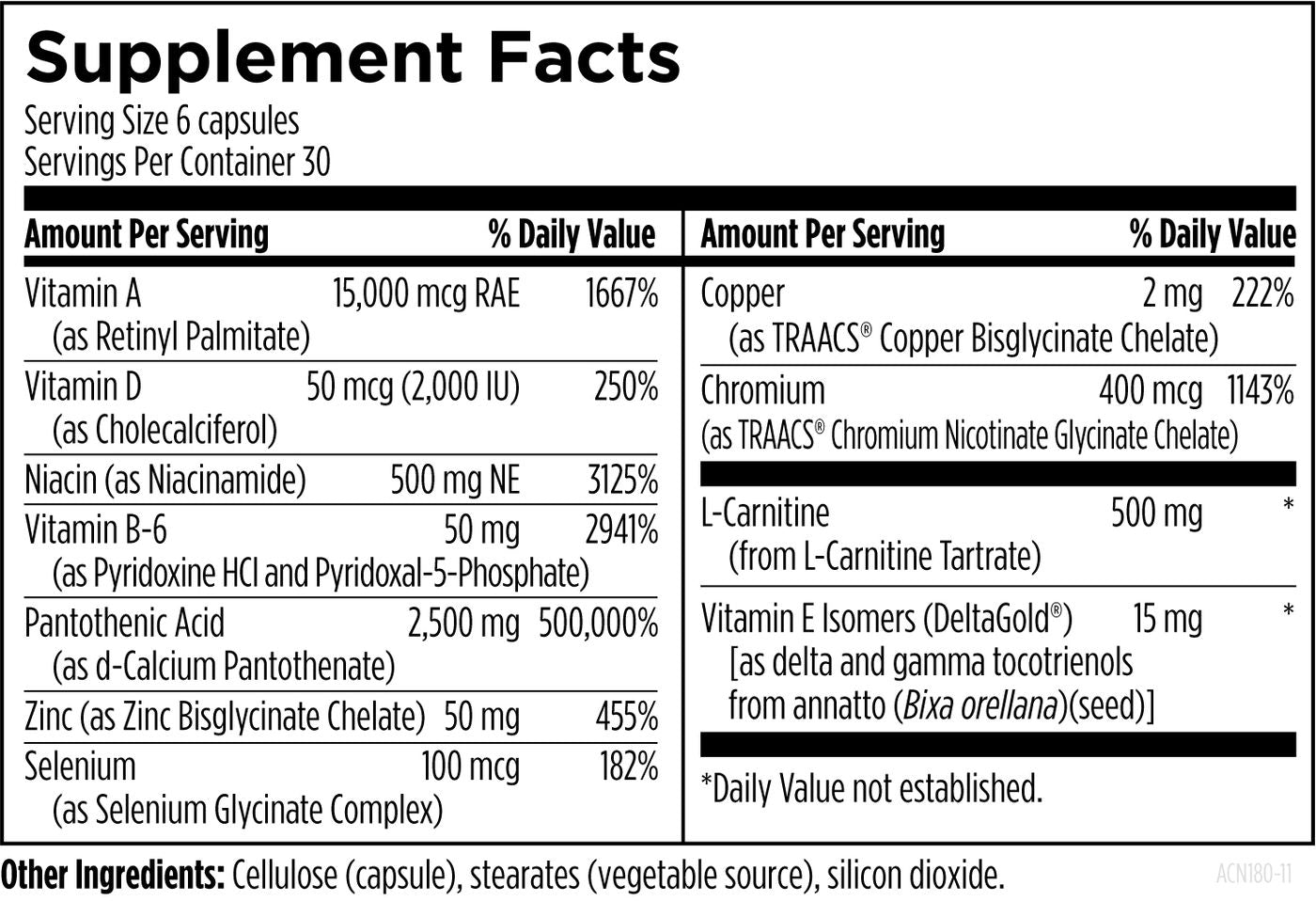 Acnutrol - 180 capsules Supplement Facts panel