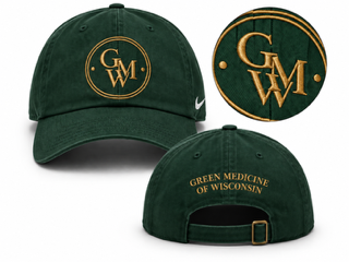 Green Medicine of Wisconsin Nike hat in dark green with the GMW monogram on the front and Green Medicine of Wisconsin on the back